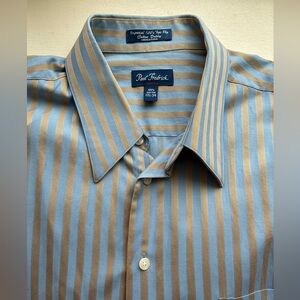 Paul Fredrick 17.5 x 34 Men's Shirt with Blue and Tan Stripes